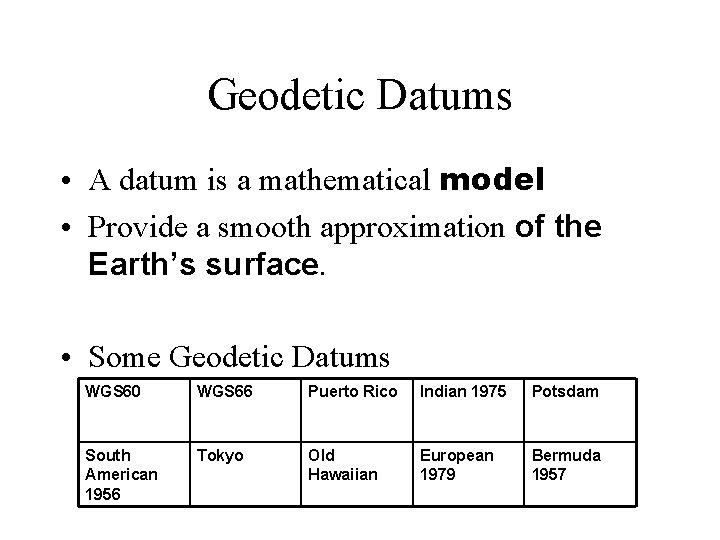 Geodetic Datums • A datum is a mathematical model • Provide a smooth approximation