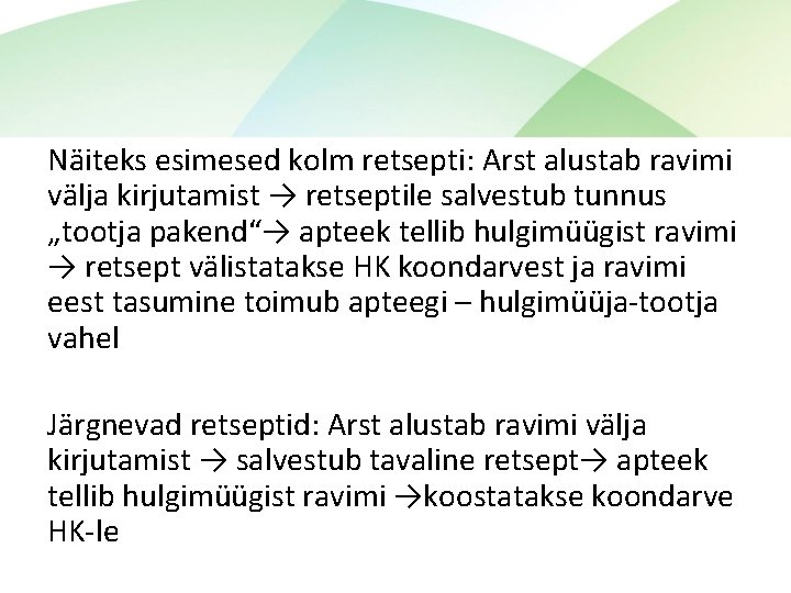 Näiteks esimesed kolm retsepti: Arst alustab ravimi välja kirjutamist → retseptile salvestub tunnus „tootja