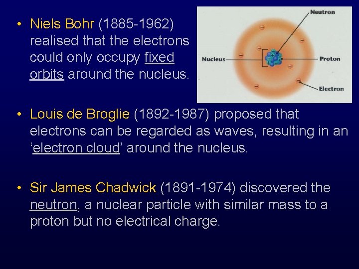  • Niels Bohr (1885 -1962) realised that the electrons could only occupy fixed