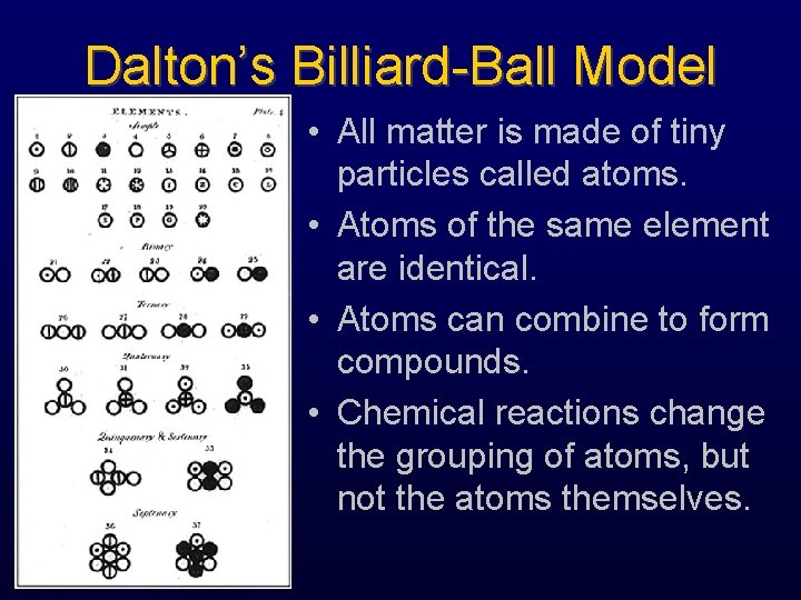 Dalton’s Billiard-Ball Model • All matter is made of tiny particles called atoms. •