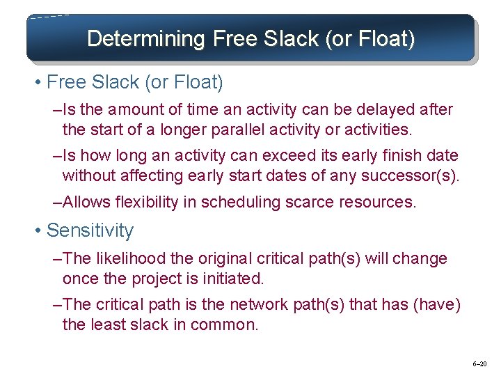 Determining Free Slack (or Float) • Free Slack (or Float) – Is the amount