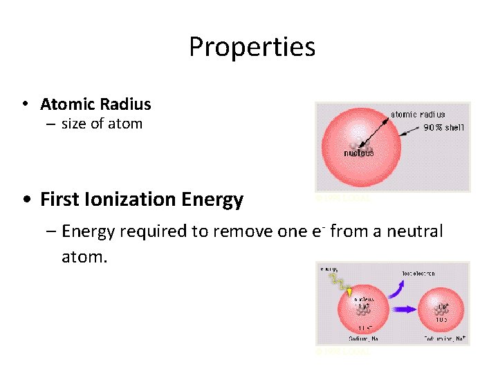 Properties • Atomic Radius – size of atom • First Ionization Energy © 1998