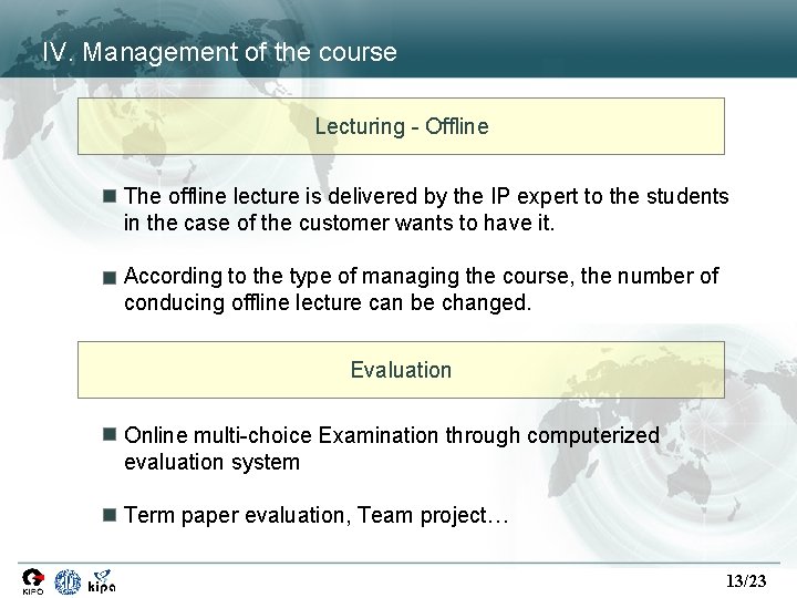 IV. Management of the course Lecturing - Offline The offline lecture is delivered by IV. Management of the course Lecturing - Offline The offline lecture is delivered by
