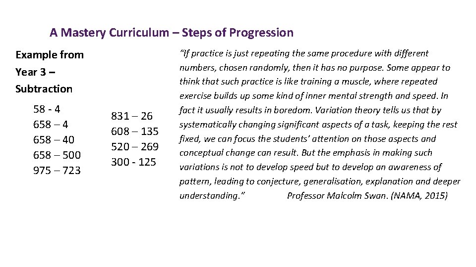 A Mastery Curriculum – Steps of Progression Example from Year 3 – Subtraction 58