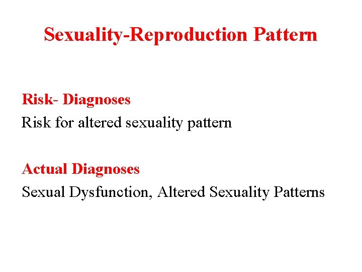 Sexuality-Reproduction Pattern Risk- Diagnoses Risk for altered sexuality pattern Actual Diagnoses Sexual Dysfunction, Altered