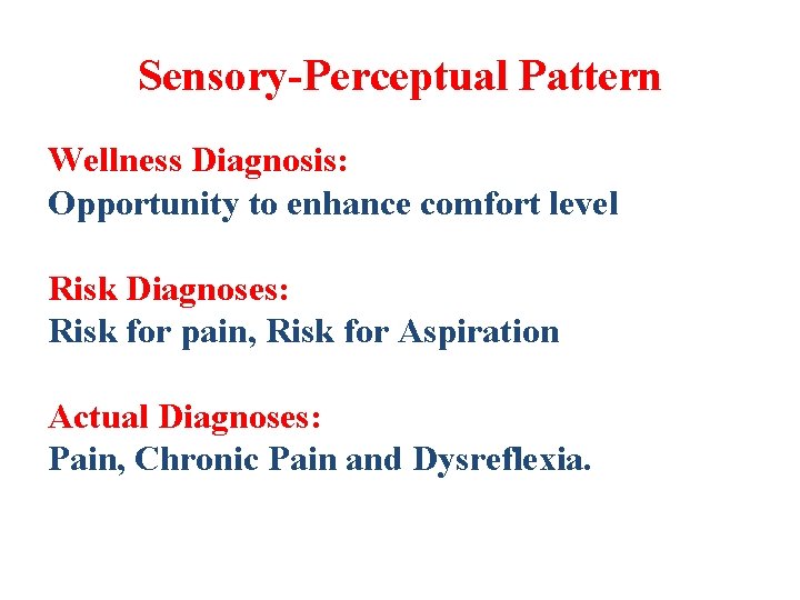 Sensory-Perceptual Pattern Wellness Diagnosis: Opportunity to enhance comfort level Risk Diagnoses: Risk for pain,