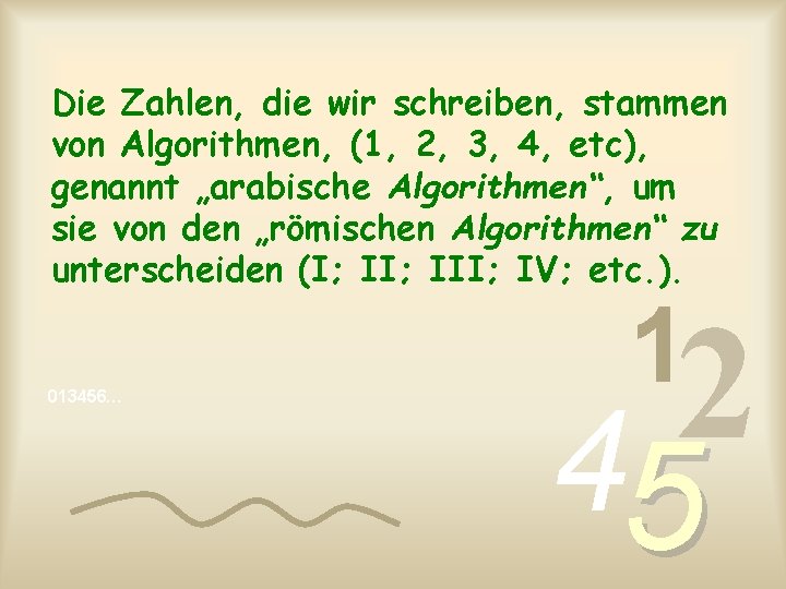 Die Zahlen, die wir schreiben, stammen von Algorithmen, (1, 2, 3, 4, etc), genannt