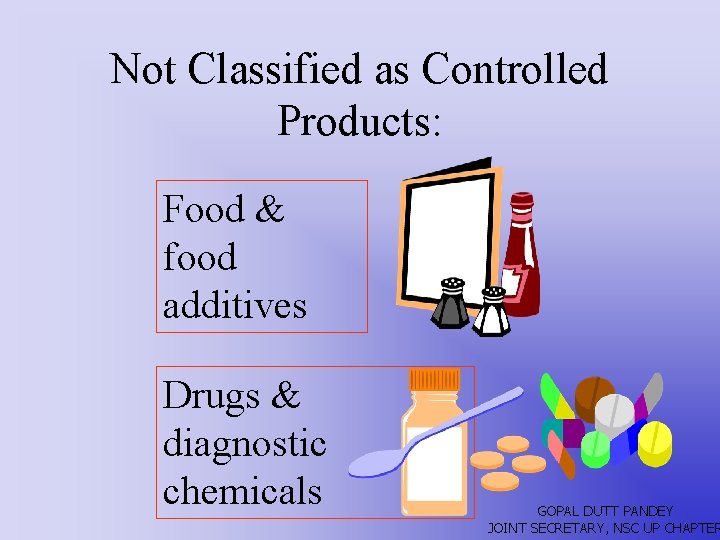 Not Classified as Controlled Products: Food & food additives Drugs & diagnostic chemicals GOPAL