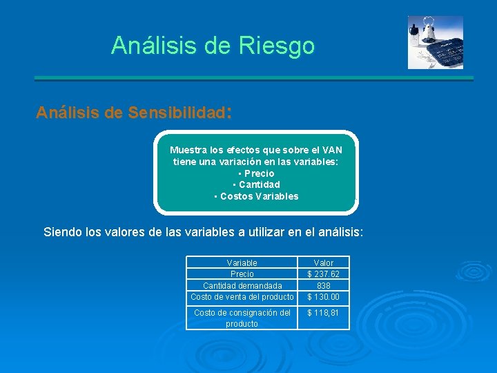 Análisis de Riesgo Análisis de Sensibilidad: Muestra los efectos que sobre el VAN tiene