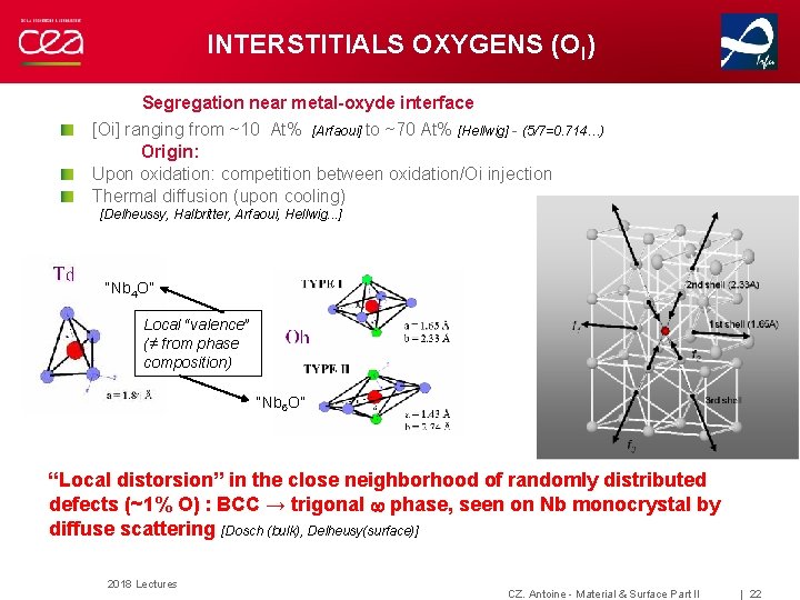 INTERSTITIALS OXYGENS (OI) Segregation near metal-oxyde interface [Oi] ranging from ~10 At% [Arfaoui] to