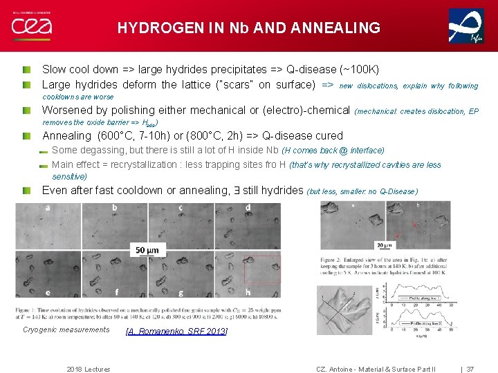 HYDROGEN IN Nb AND ANNEALING Slow cool down => large hydrides precipitates => Q-disease HYDROGEN IN Nb AND ANNEALING Slow cool down => large hydrides precipitates => Q-disease