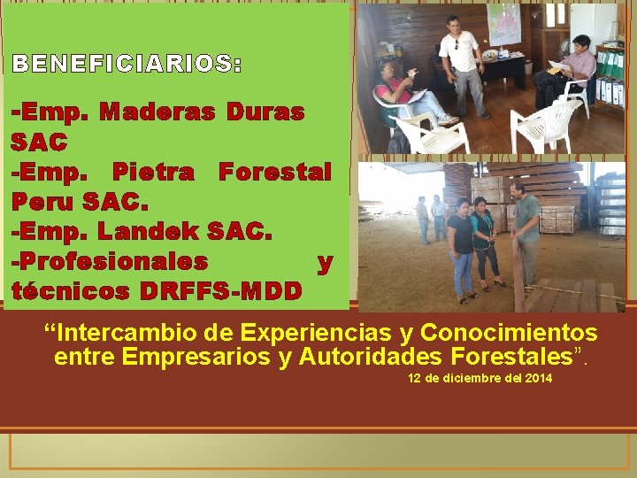 BENEFICIARIOS: -Emp. Maderas Duras SAC -Emp. Pietra Forestal Peru SAC. -Emp. Landek SAC. -Profesionales