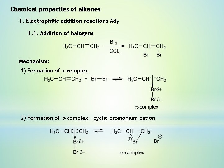 Chemical properties of alkenes 1. Electrophilic addition reactions Ad. E 1. 1. Addition of