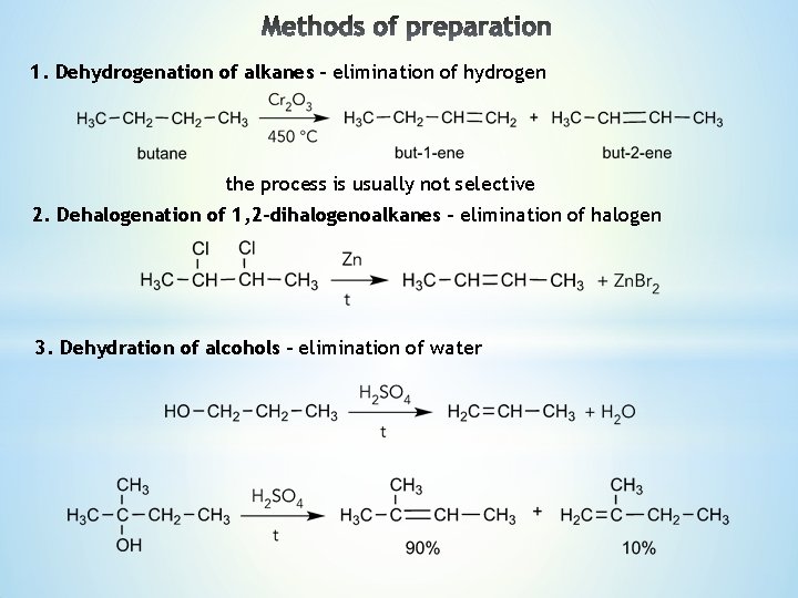 1. Dehydrogenation of alkanes – elimination of hydrogen the process is usually not selective 1. Dehydrogenation of alkanes – elimination of hydrogen the process is usually not selective
