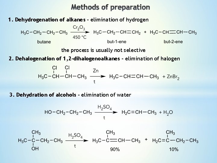 1. Dehydrogenation of alkanes – elimination of hydrogen the process is usually not selective