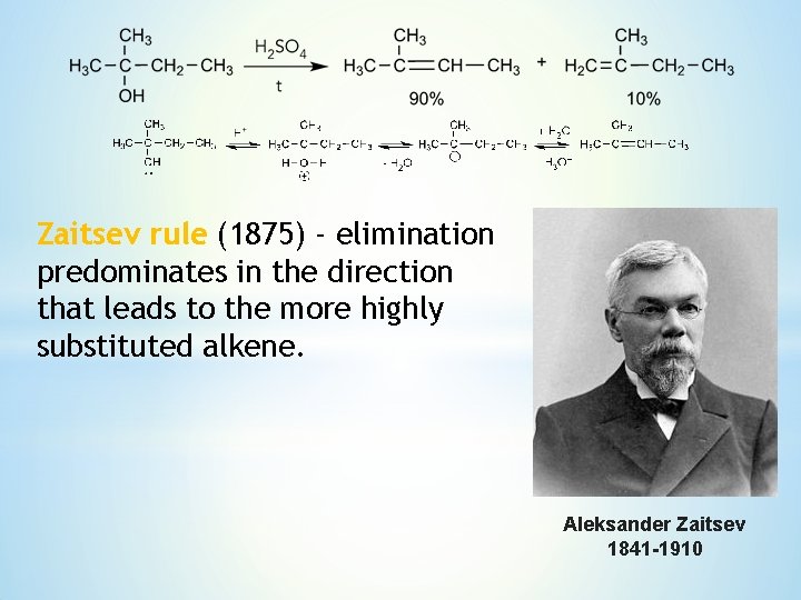 Zaitsev rule (1875) - elimination predominates in the direction that leads to the more