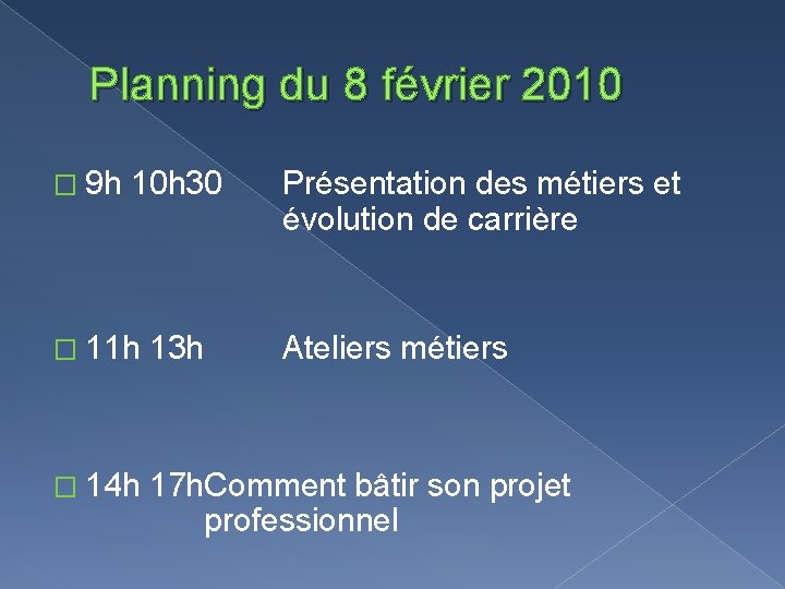 Planning du 8 février 2010 � 9 h 10 h 30 Présentation des métiers