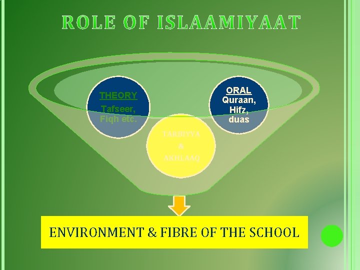 ORAL Quraan, Hifz, duas THEORY Tafseer, Fiqh etc. TARBIYYA & AKHLAAQ ENVIRONMENT & FIBRE