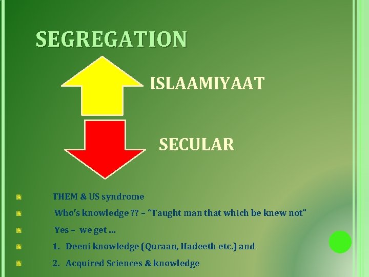 SEGREGATION ISLAAMIYAAT SECULAR THEM & US syndrome Who’s knowledge ? ? – “Taught man