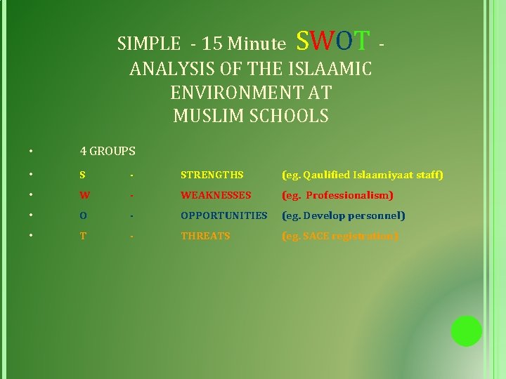 SIMPLE - 15 Minute SWOT ANALYSIS OF THE ISLAAMIC ENVIRONMENT AT MUSLIM SCHOOLS •