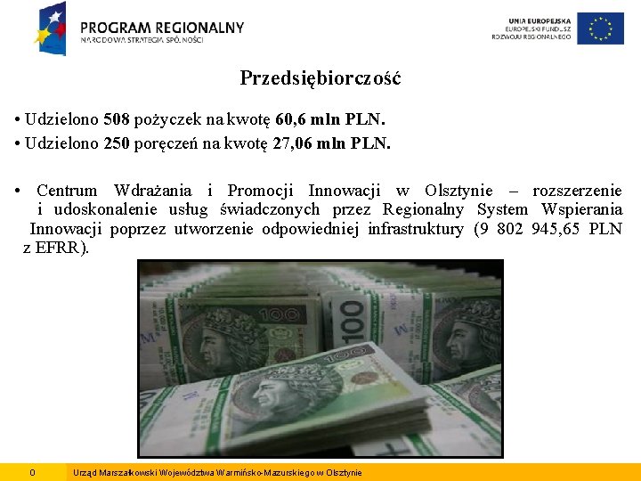 Przedsiębiorczość • Udzielono 508 pożyczek na kwotę 60, 6 mln PLN. • Udzielono 250
