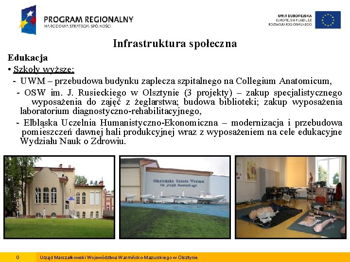 Infrastruktura społeczna Edukacja • Szkoły wyższe: - UWM – przebudowa budynku zaplecza szpitalnego na