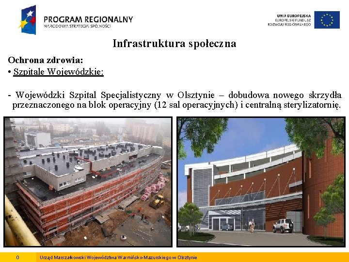 Infrastruktura społeczna Ochrona zdrowia: • Szpitale Wojewódzkie: - Wojewódzki Szpital Specjalistyczny w Olsztynie –