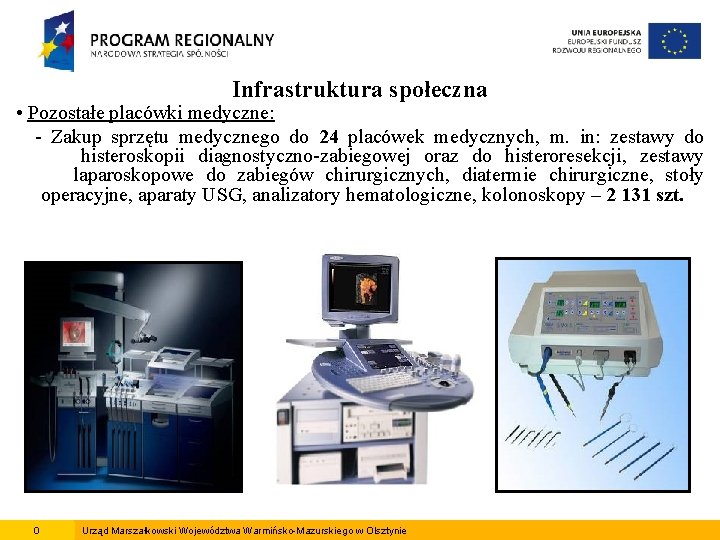 Infrastruktura społeczna • Pozostałe placówki medyczne: - Zakup sprzętu medycznego do 24 placówek medycznych,