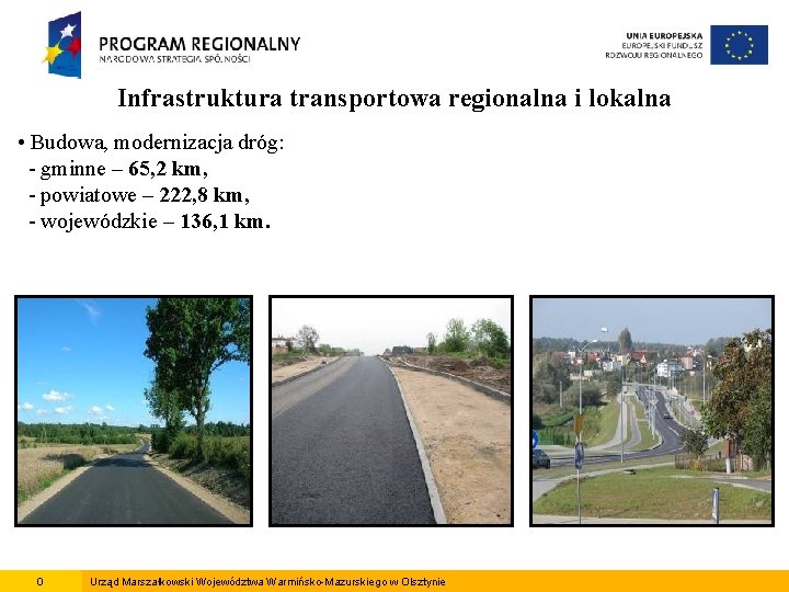 Infrastruktura transportowa regionalna i lokalna • Budowa, modernizacja dróg: - gminne – 65, 2