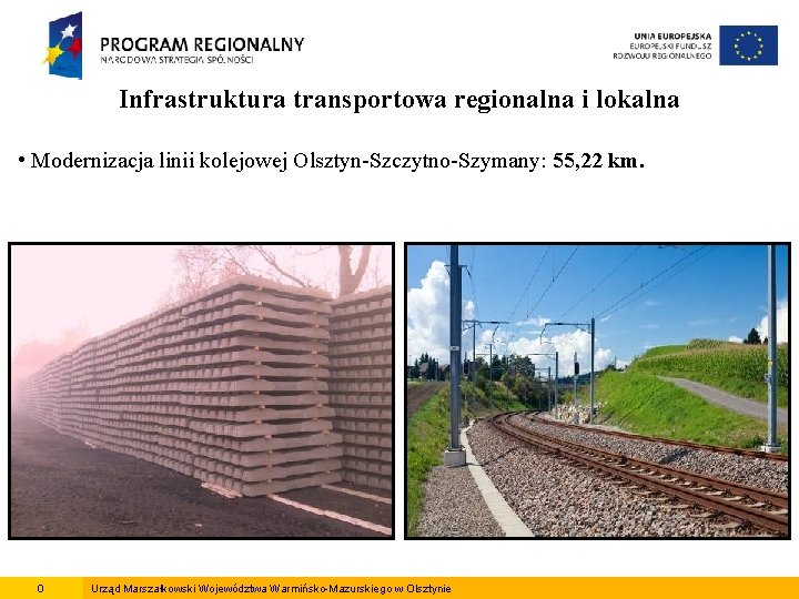 Infrastruktura transportowa regionalna i lokalna • Modernizacja linii kolejowej Olsztyn-Szczytno-Szymany: 55, 22 km. 0