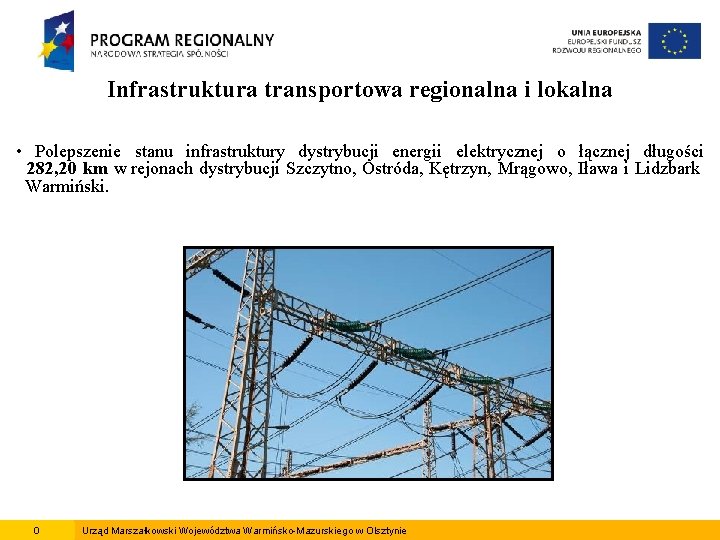 Infrastruktura transportowa regionalna i lokalna • Polepszenie stanu infrastruktury dystrybucji energii elektrycznej o łącznej