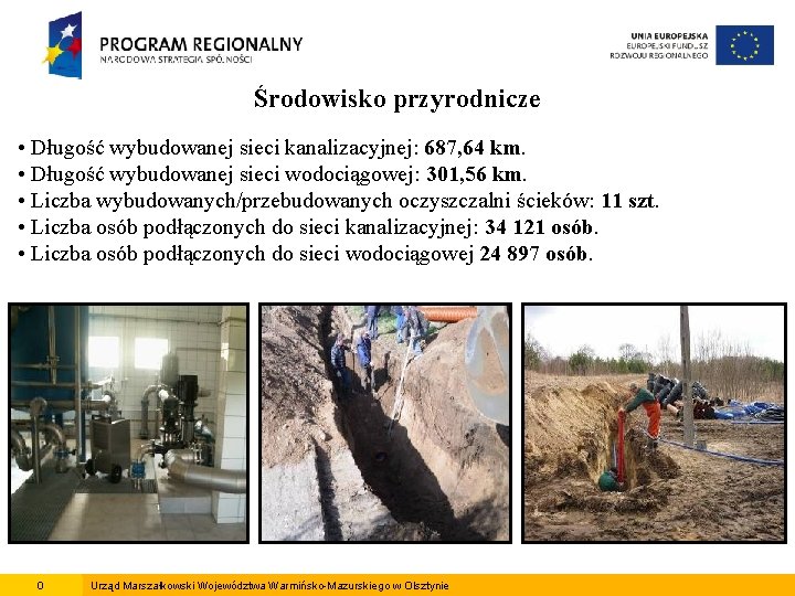 Środowisko przyrodnicze • Długość wybudowanej sieci kanalizacyjnej: 687, 64 km. • Długość wybudowanej sieci