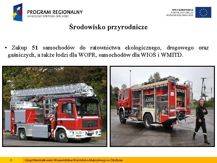 Środowisko przyrodnicze • Zakup 51 samochodów do ratownictwa ekologicznego, drogowego oraz gaśniczych, a także