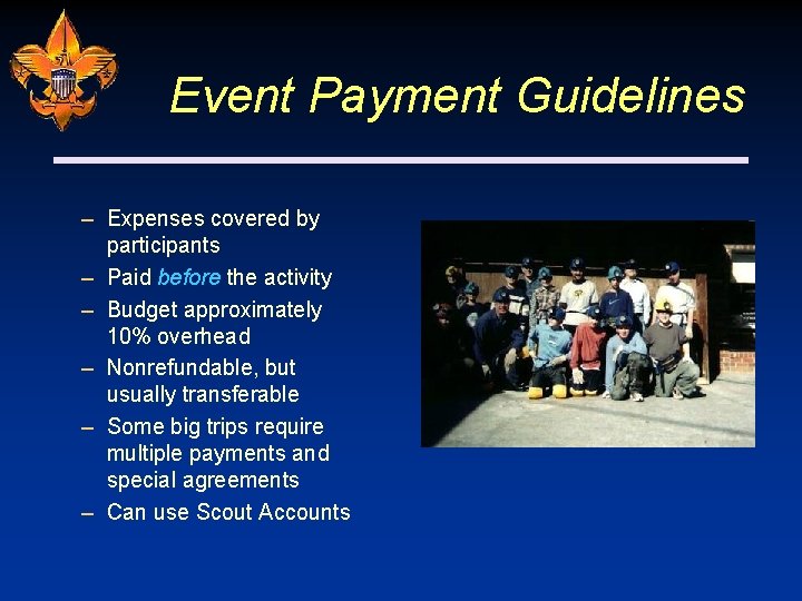 Event Payment Guidelines – Expenses covered by participants – Paid before the activity –