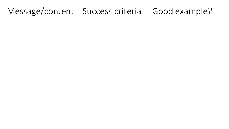 Message/content Success criteria Good example? Message/content Success criteria Good example?