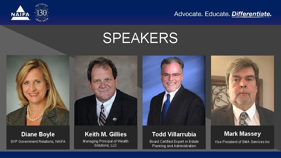 SPEAKERS Diane Boyle Keith M. Gillies Todd Villarrubia Mark Massey SVP Government Relations, NAIFA