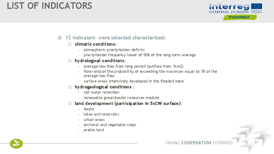 LIST OF INDICATORS 12 indicators were selected characterized: climatic conditions: - atmospheric precipitation deficits