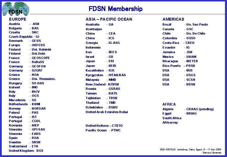 FDSN Membership EUROPE ASIA – PACIFIC OCEAN AMERICAS Austria - ASN Bulgaria - BAS