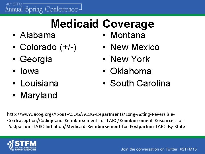  • • • Medicaid Coverage Alabama Colorado (+/-) Georgia Iowa Louisiana Maryland •