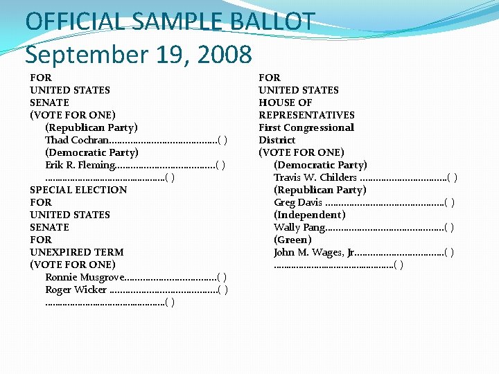 OFFICIAL SAMPLE BALLOT September 19, 2008 FOR UNITED STATES SENATE (VOTE FOR ONE) (Republican