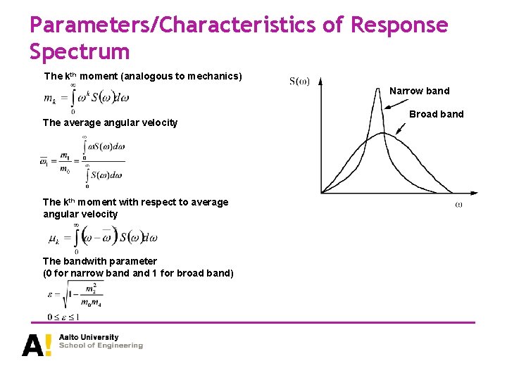Parameters/Characteristics of Response Spectrum The kth moment (analogous to mechanics) Narrow band The average