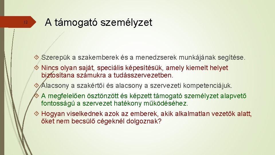 12 A támogató személyzet Szerepük a szakemberek és a menedzserek munkájának segítése. Nincs olyan