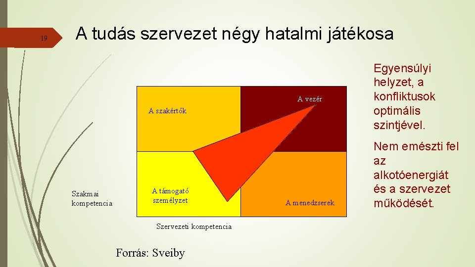 19 A tudás szervezet négy hatalmi játékosa A vezér A szakértők Szakmai kompetencia A