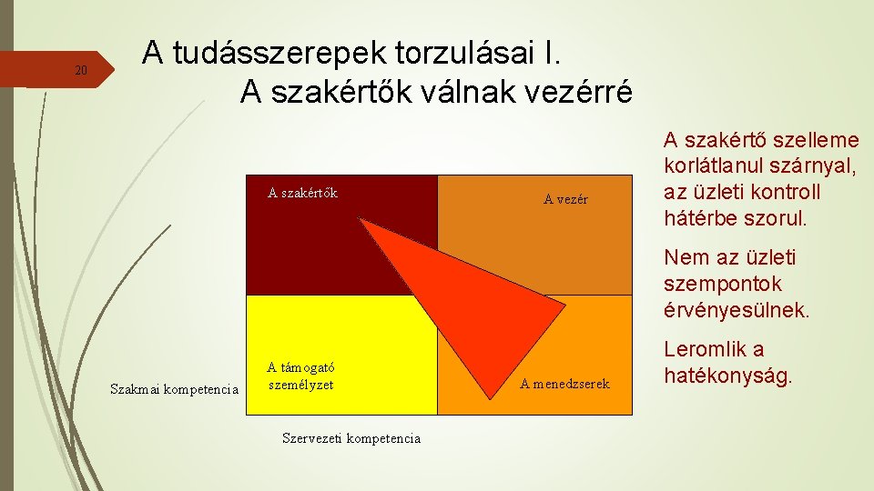 20 A tudásszerepek torzulásai I. A szakértők válnak vezérré A szakértők A vezér A