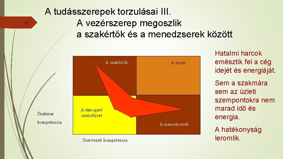 22 A tudásszerepek torzulásai III. A vezérszerep megoszlik a szakértők és a menedzserek között