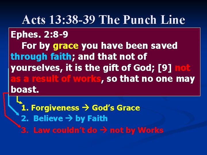 Acts 13: 38 -39 The Punch Line Ephes. 2: 8 -9 [38] "Brothers, listen!