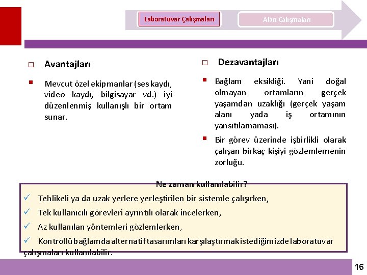 Laboratuvar Çalışmaları Avantajları § Mevcut özel ekipmanlar (ses kaydı, video kaydı, bilgisayar vd. )