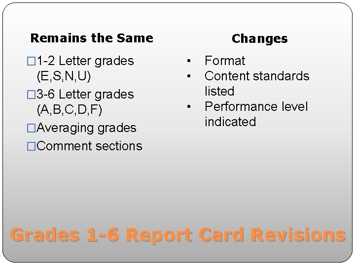 Remains the Same � 1 -2 Letter grades (E, S, N, U) � 3