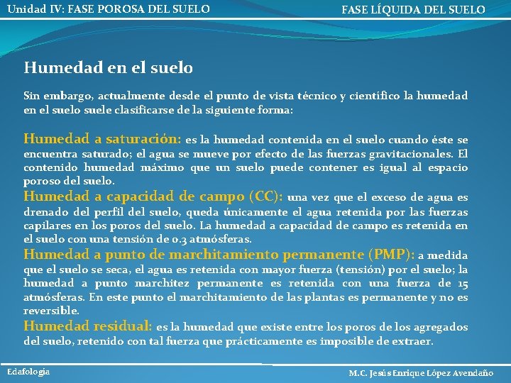 Unidad IV: FASE POROSA DEL SUELO FASE LÍQUIDA DEL SUELO Humedad en el suelo