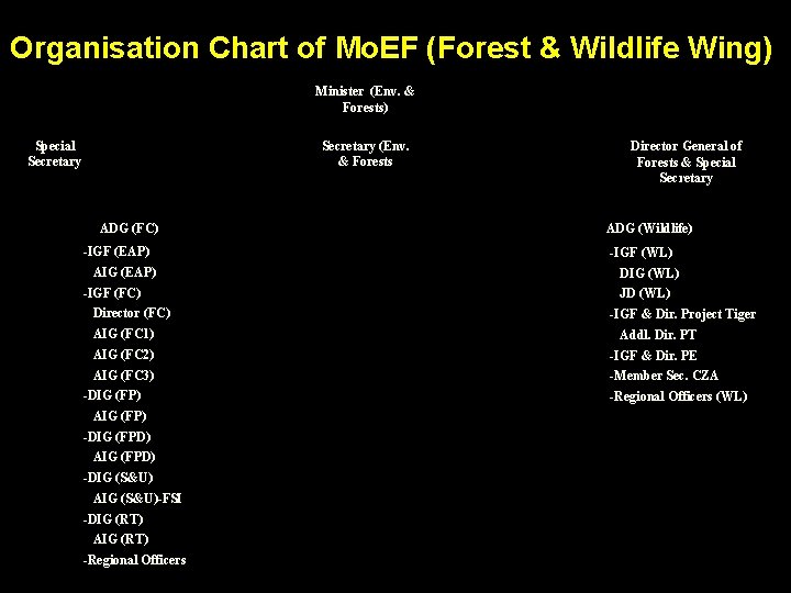 Organisation Chart of Mo. EF (Forest & Wildlife Wing) Minister (Env. & Forests) Special Organisation Chart of Mo. EF (Forest & Wildlife Wing) Minister (Env. & Forests) Special